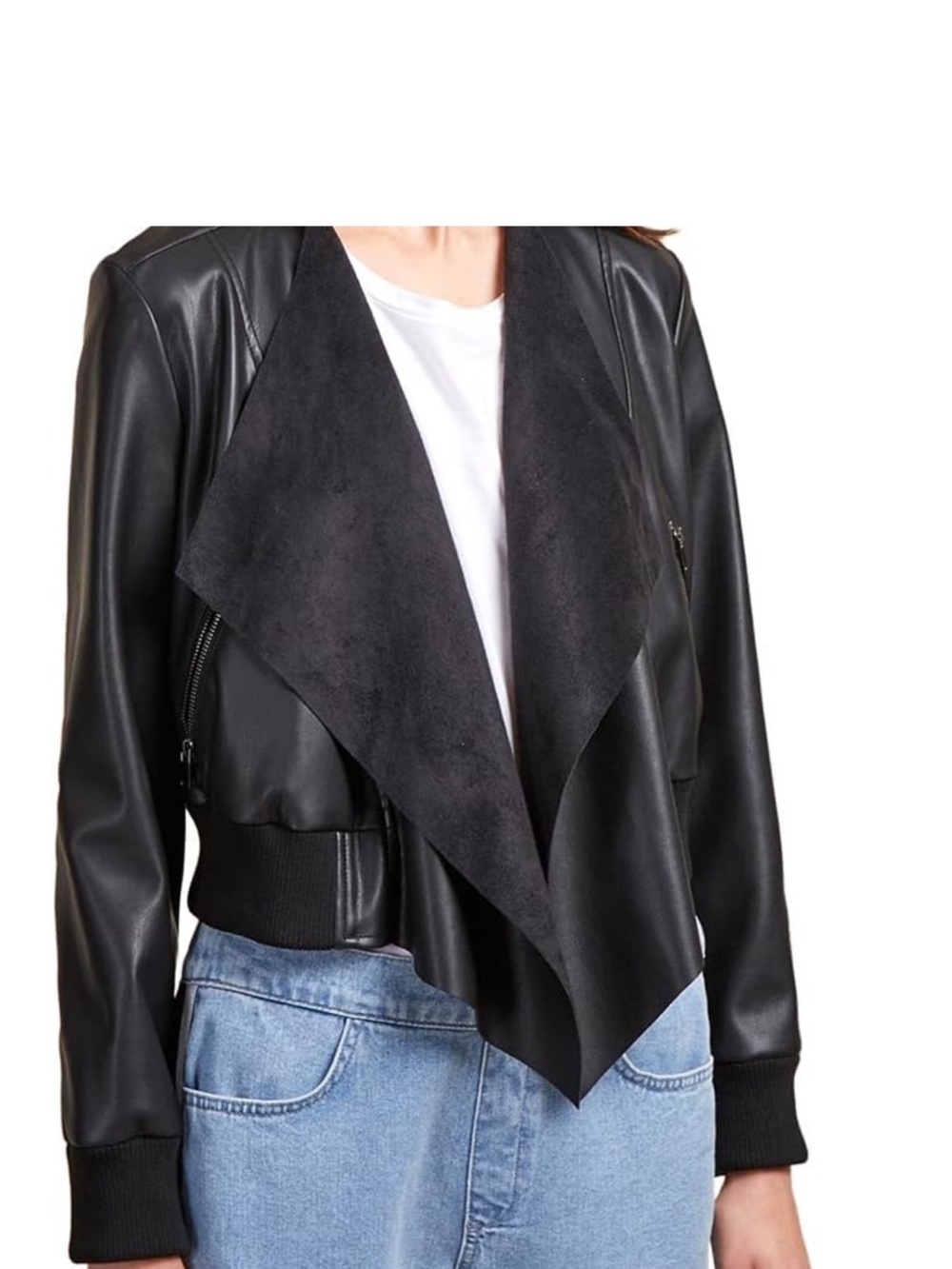 French Connection Black Draped Faux Leather Waterfall Jacket